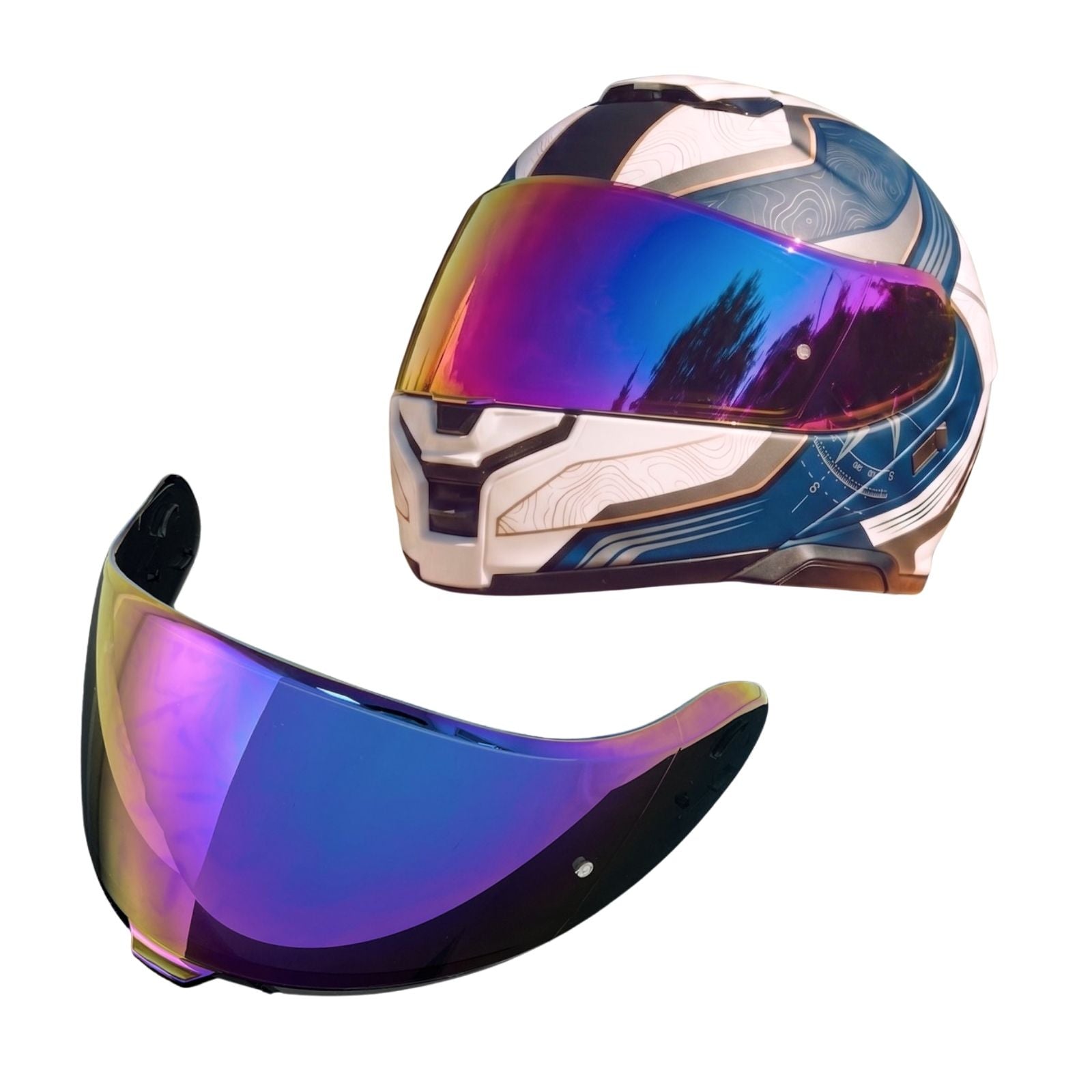 Shoei Neotec 3 helmet visor by MC Motoparts in tinted and spectra mirror finishes, designed for daytime riding.