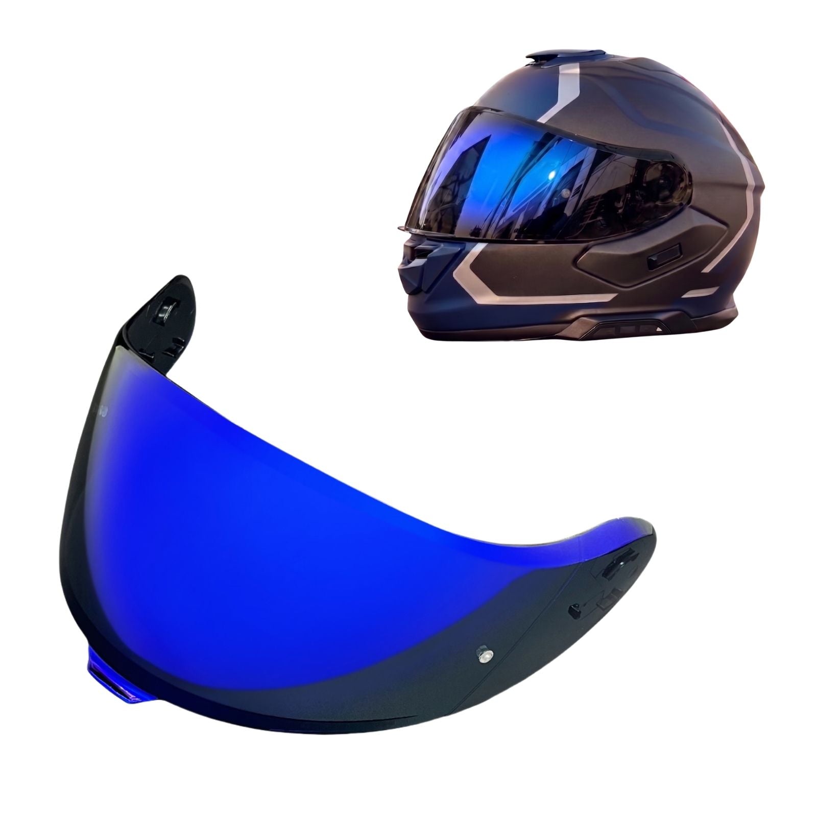 Tinted and Spectra Mirror finish helmet visor for Shoei Neotec 3 by MC Motoparts, designed for daytime riding.