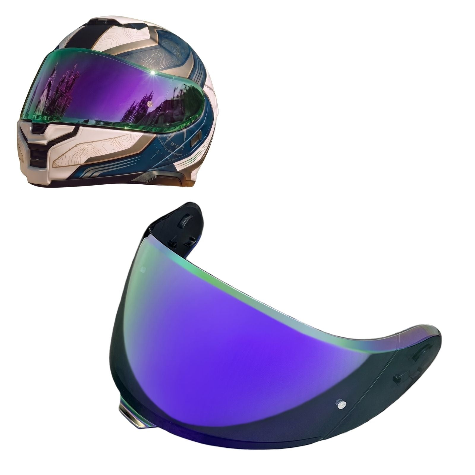 Shoei Neotec 3 helmet visor by MC Motoparts, tinted and spectra mirror finishes, for daytime riding, clear view and protection