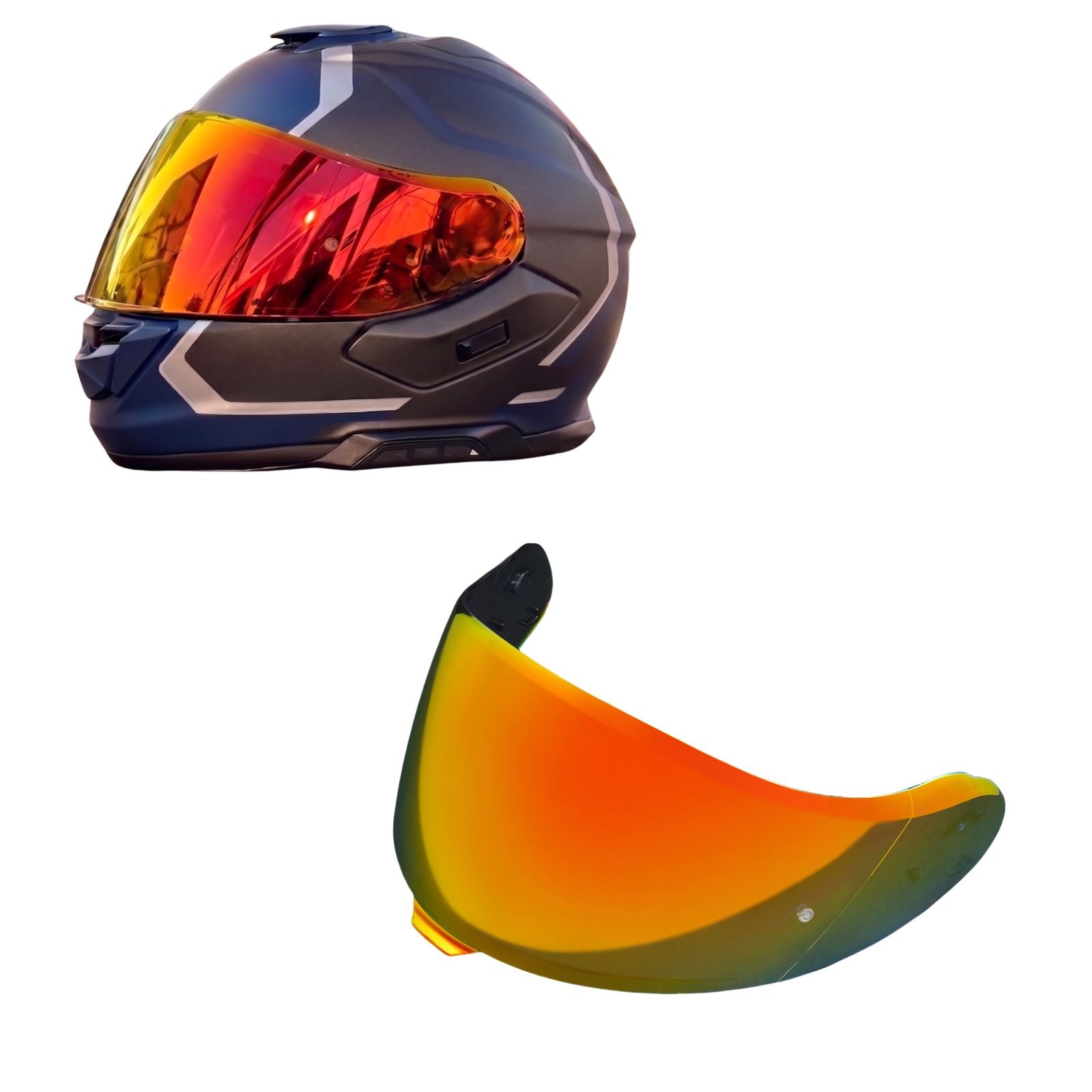 Shoei Neotec 3 helmet visor by MC Motoparts with tinted and spectra mirror finishes for daytime riding.