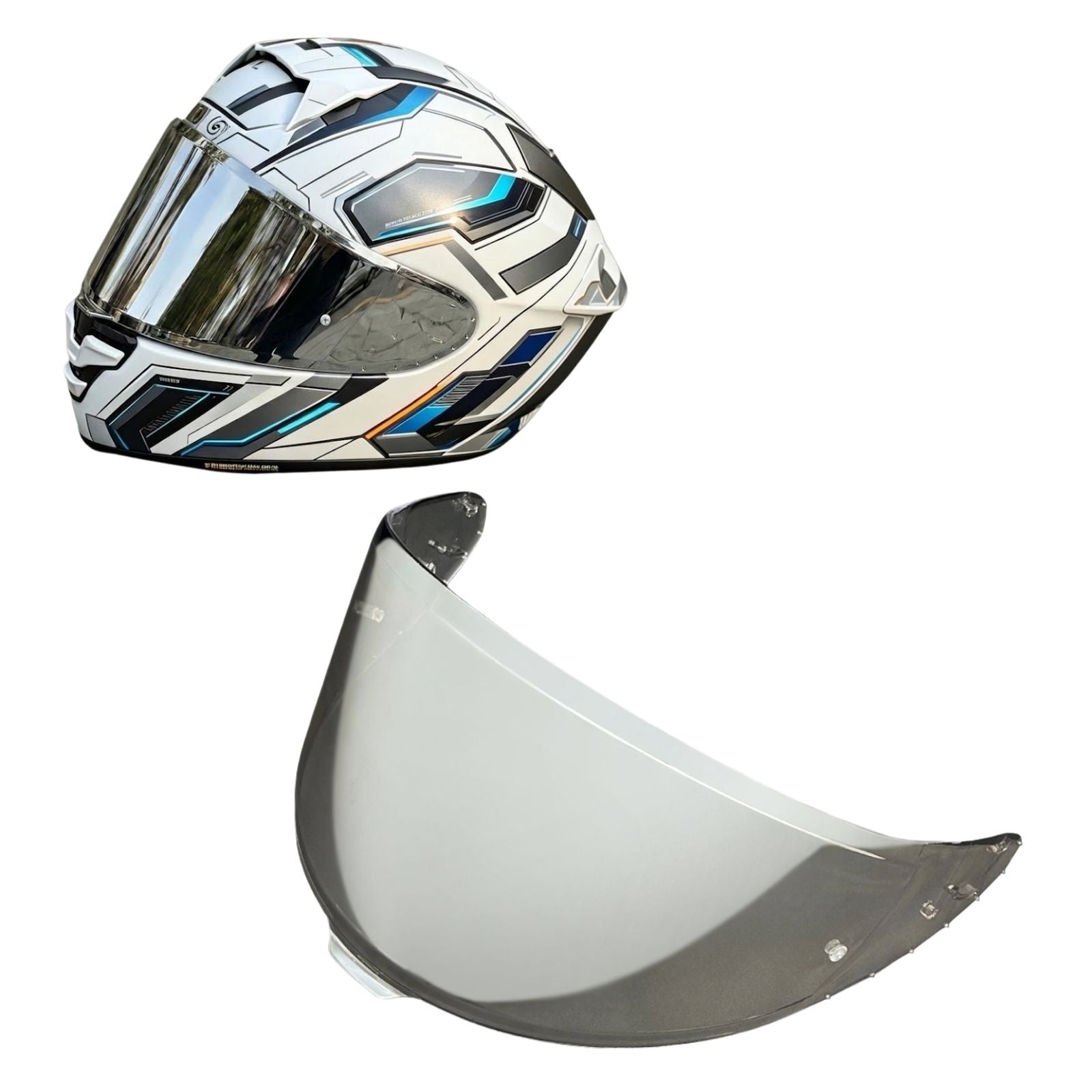 Light tint and clear helmet visors for Shoei X15, RF1400, NXR2, and X-SPR PRO helmets by MC Motoparts, suitable for day and night riding.