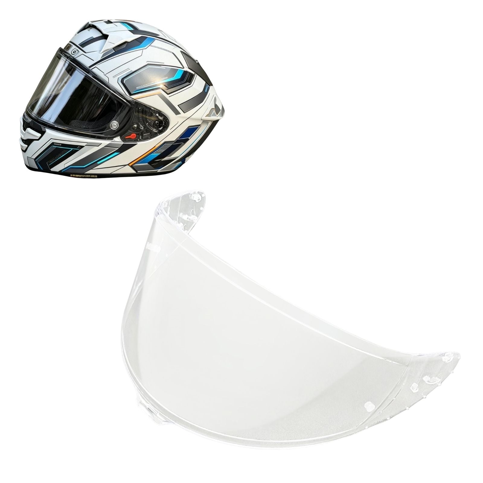 Clear helmet visor for Shoei X15 Z8 RF1400 NXR2 X-SPR PRO helmets by MC Motoparts, suitable for day and night riding.