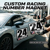 Custom Racing Number Magnets (Set of 2) – Reusable Track Day Magnetic Door Plates with Name & Flag (RCNUM001)