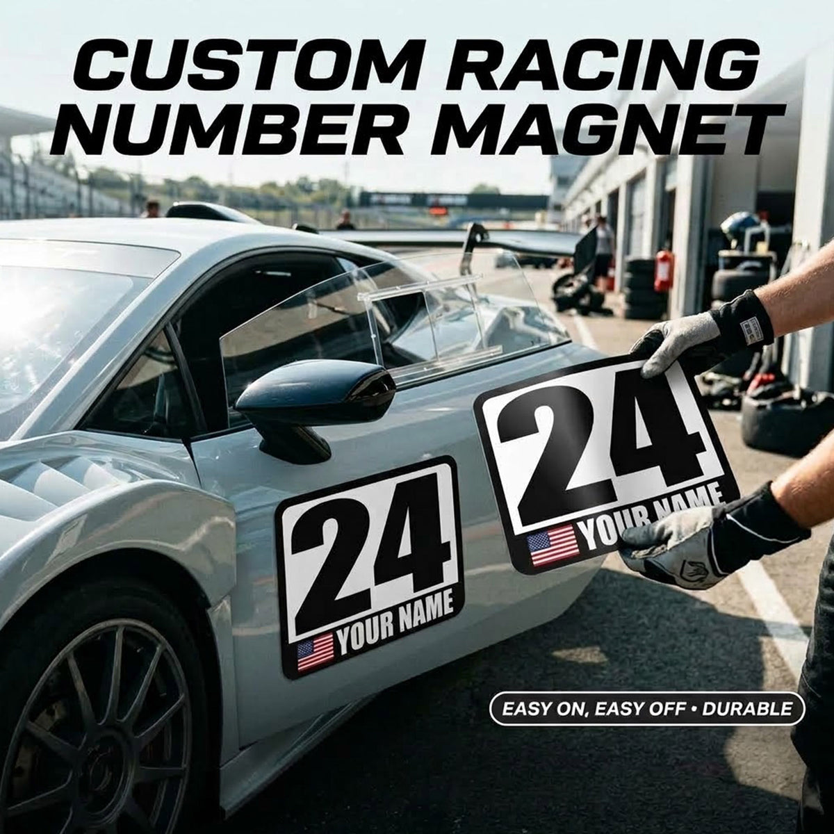 Classic Black & White Custom Racing Number Magnets - Track Day Door Plates with Name & Flag (Set of 2) (RCNUM001)