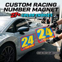 Set of two custom race car rectangle magnets with name and flag for track day, reusable magnetic door plates by MC Motoparts