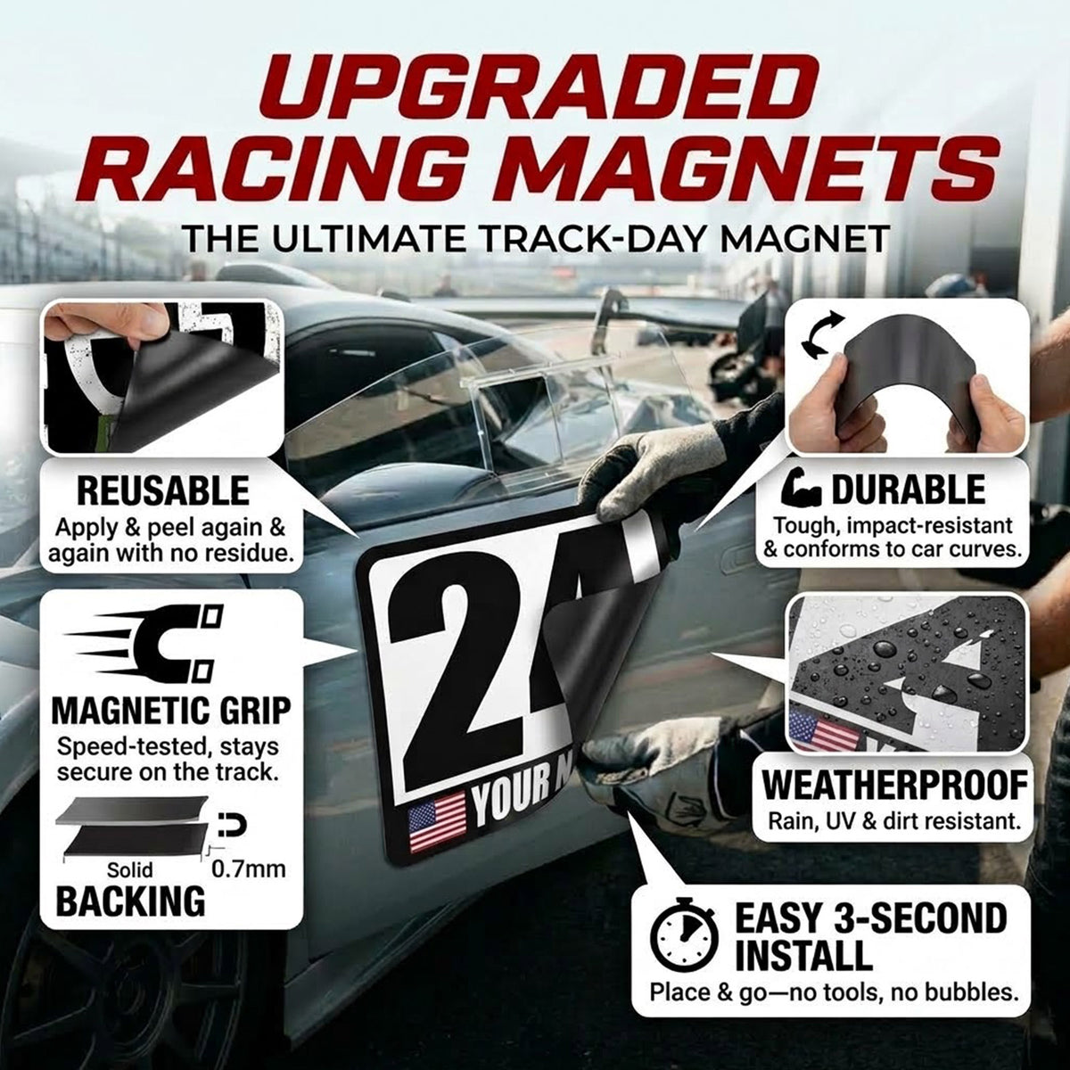 Classic Black & White Custom Racing Number Magnets - Track Day Door Plates with Name & Flag (Set of 2) (RCNUM001)