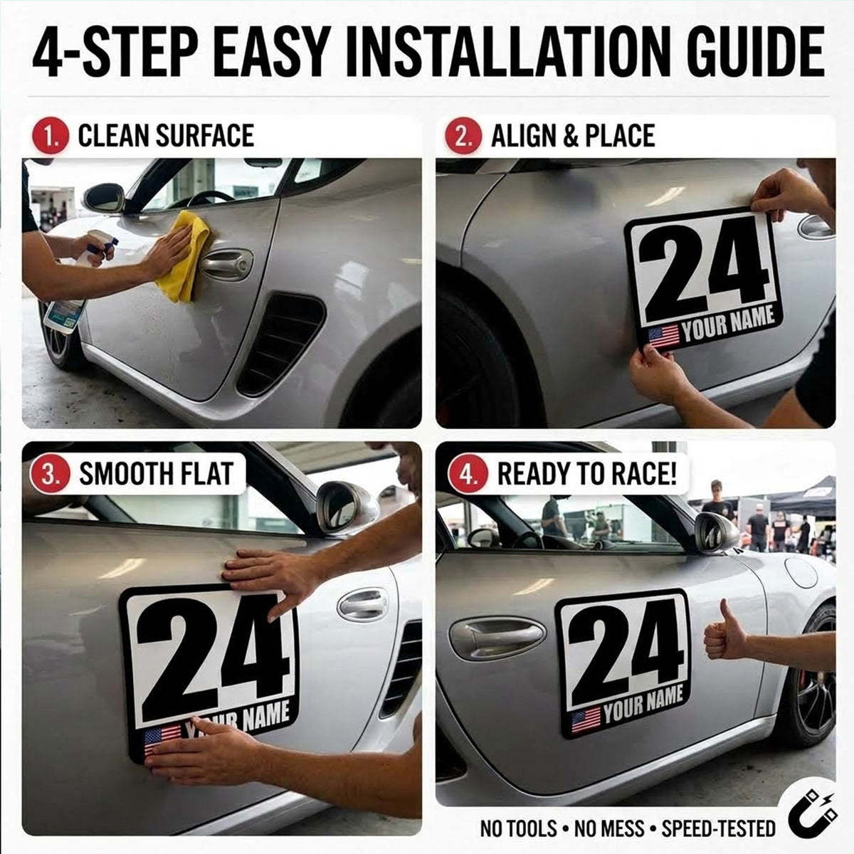 Custom Racing Number Magnets (Set of 2) – Reusable Track Day Magnetic Door Plates with Name & Flag (RCNUM001)