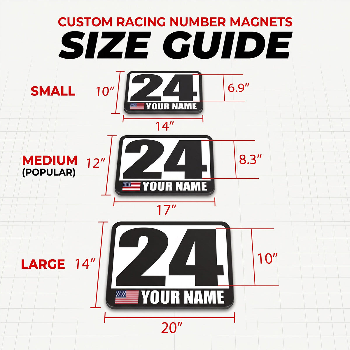Classic Black & White Custom Racing Number Magnets - Track Day Door Plates with Name & Flag (Set of 2) (RCNUM001)