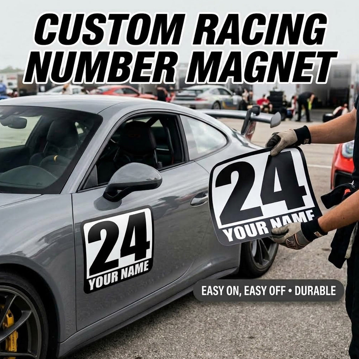 Classic Black & White Custom Racing Number Magnets - Track Day Magnetic Door Plates with Driver Name (Set of 2) (RCNUM002)