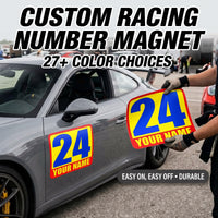 Custom Racing Number Magnets (Set of 2) – Reusable Track Day Magnetic Door Plates with Driver Name (RCNUM002)