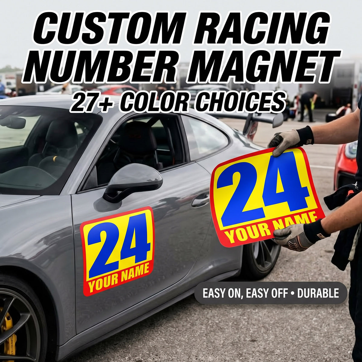 Custom Racing Number Magnets (Set of 2) – Reusable Track Day Magnetic Door Plates with Driver Name (RCNUM002)