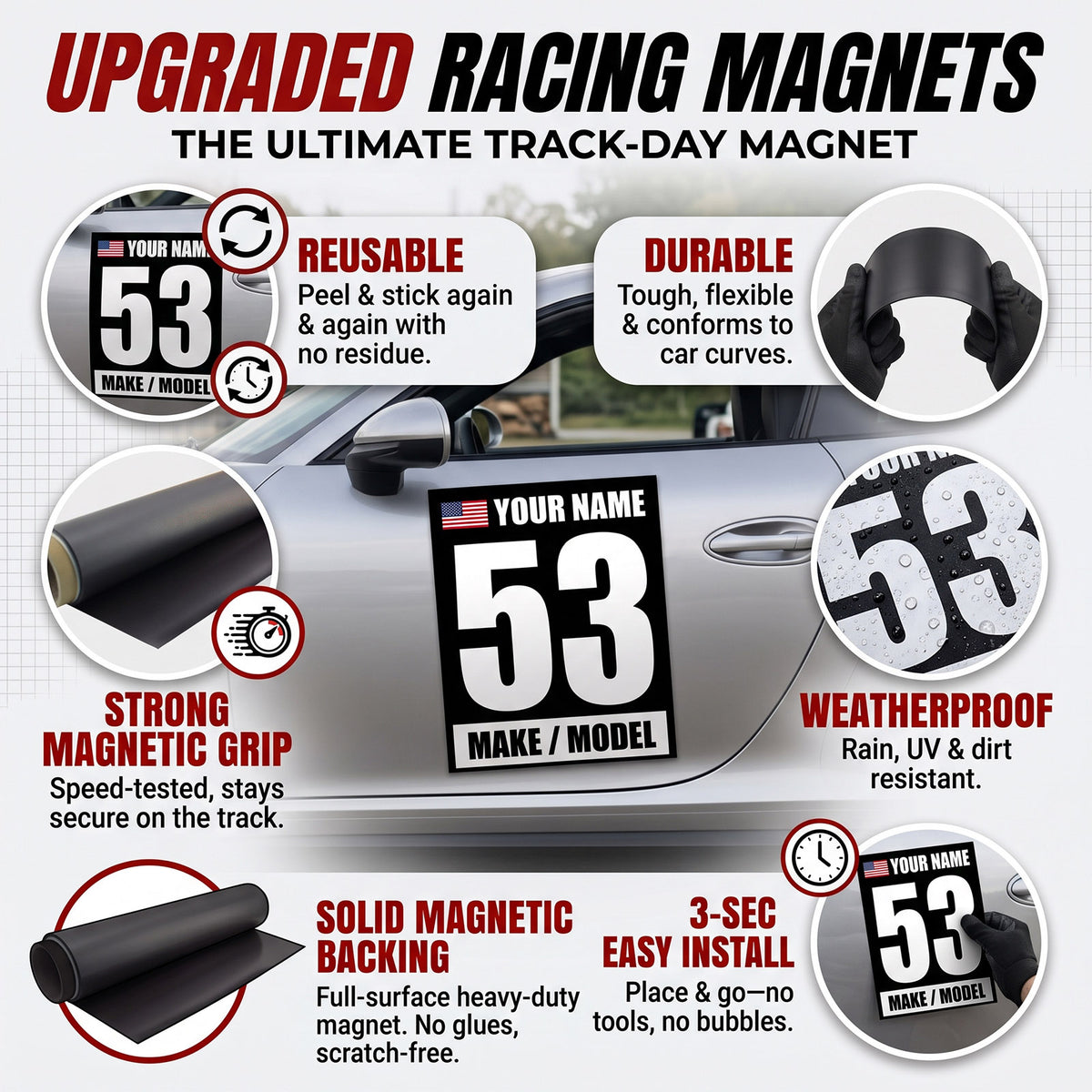 Custom Racing Number Magnets 12" x 15" (Set of 2) – Reusable Track Day Magnetic Door Plates with Name, Flag & Car Model (RCNUM003)