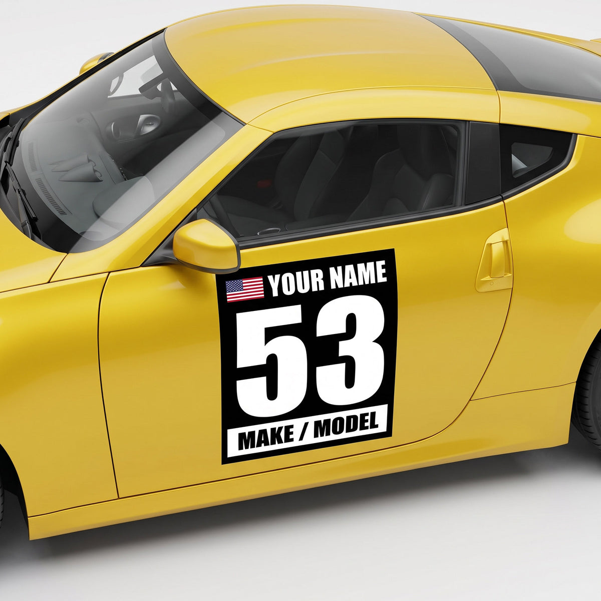 Custom Racing Number Magnets 12" x 15" (Set of 2) – Reusable Track Day Magnetic Door Plates with Name, Flag & Car Model (RCNUM003)