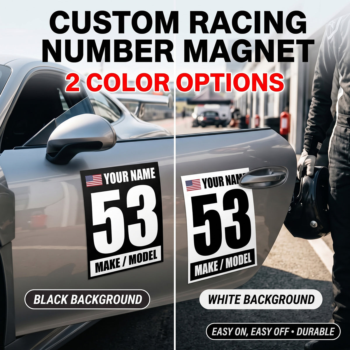Classic Black & White Custom Racing Number Magnets 12" x 15" - Reusable Track Day Magnetic Door Plates with Name, Flag & Car Model (Set of 2) (RCNUM003)