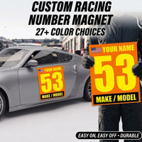 Set of two 12x15-inch race car rectangle magnets with customizable name, flag, and car model for track day or racing events.