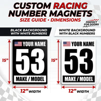 Custom Racing Number Magnets 12" x 15" (Set of 2) – Reusable Track Day Magnetic Door Plates with Name, Flag & Car Model (RCNUM003)
