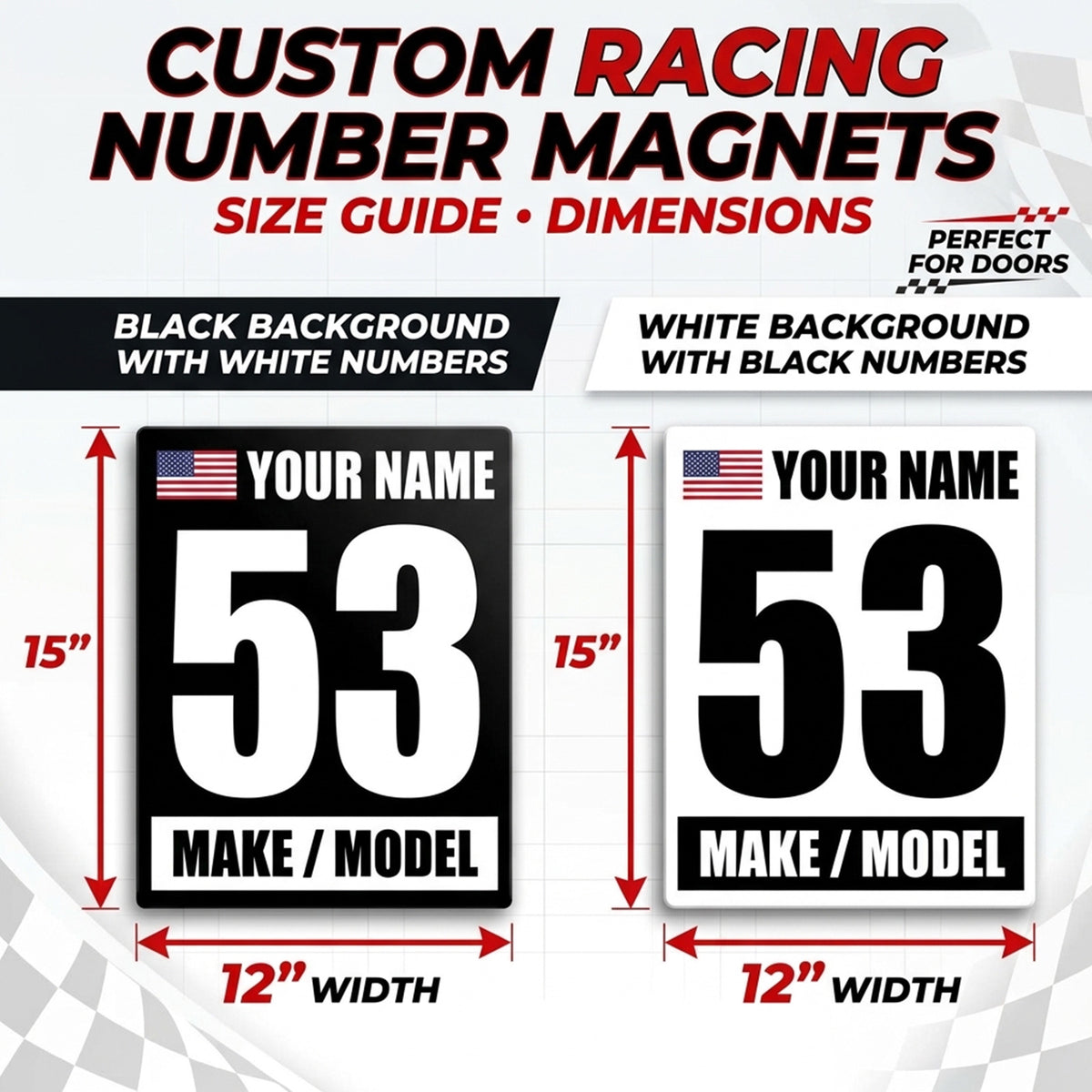 Classic Black & White Custom Racing Number Magnets 12" x 15" - Reusable Track Day Magnetic Door Plates with Name, Flag & Car Model (Set of 2) (RCNUM003)
