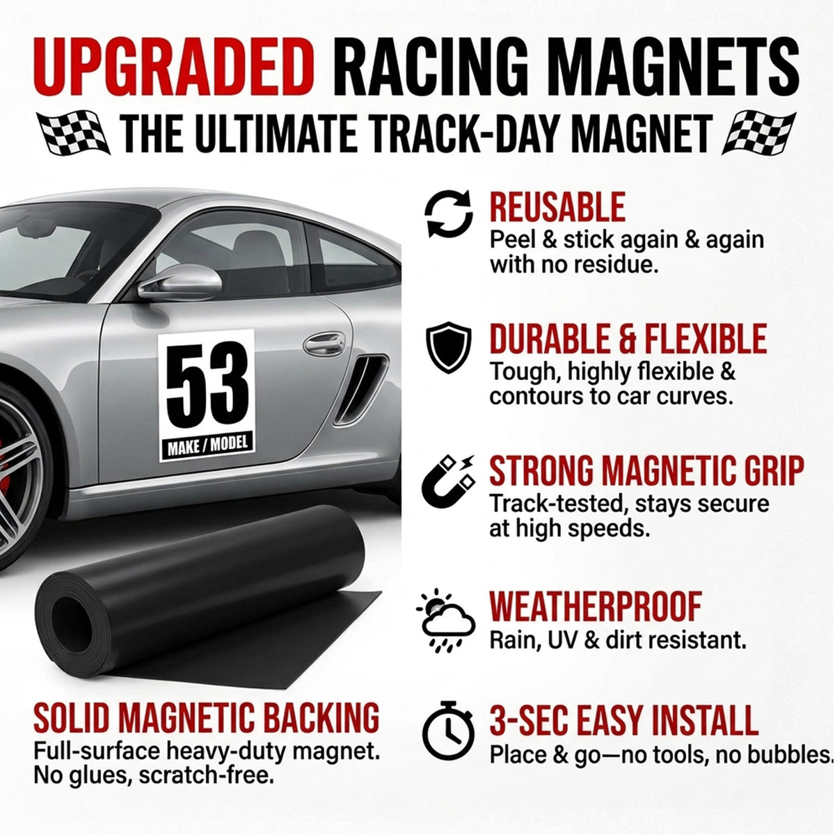 Classic Black & White Custom Racing Number Magnets 12" x 15" - Reusable Track Day Magnetic Door Plates with Car Make & Model (Set of 2) (RCNUM004)