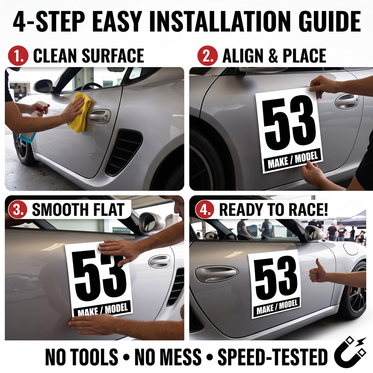 Custom Racing Number Magnets 12" x 15" (Set of 2) – Reusable Track Day Magnetic Door Plates with Car Make & Model (RCNUM004)