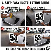 Classic Black & White Custom Racing Number Magnets 12" x 15" - Reusable Track Day Magnetic Door Plates with Car Make & Model (Set of 2) (RCNUM004)