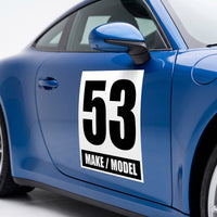 Custom Racing Number Magnets 12" x 15" (Set of 2) – Reusable Track Day Magnetic Door Plates with Car Make & Model (RCNUM004)
