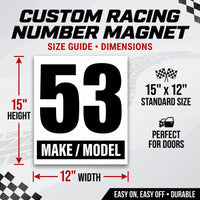 Classic Black & White Custom Racing Number Magnets 12" x 15" - Reusable Track Day Magnetic Door Plates with Car Make & Model (Set of 2) (RCNUM004)