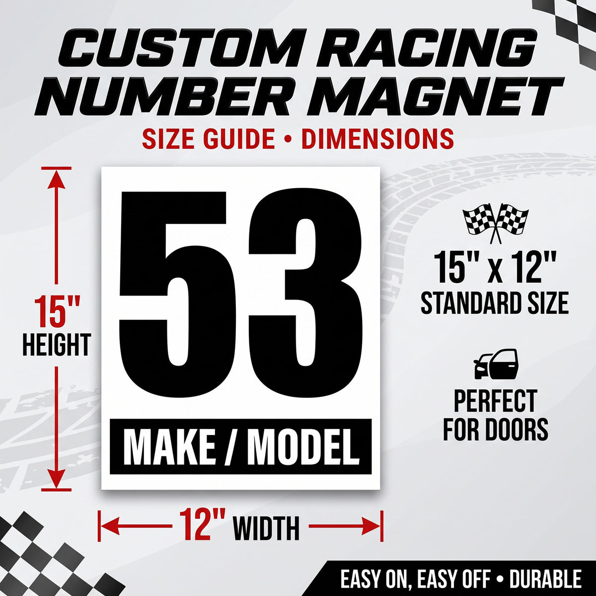 Classic Black & White Custom Racing Number Magnets 12" x 15" - Reusable Track Day Magnetic Door Plates with Car Make & Model (Set of 2) (RCNUM004)