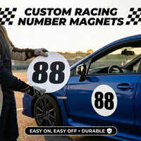 Classic Black & White Custom Circle Racing Number Magnets (No Outline) - Reusable Roundel Track Day Door Plates (Set of 2) (RCNUM006)