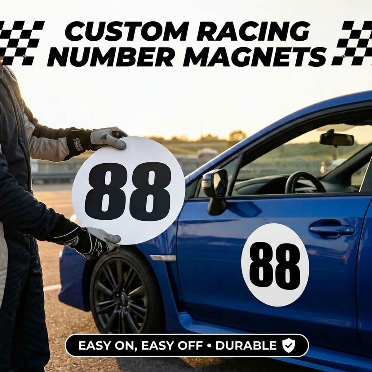 Classic Black & White Custom Circle Racing Number Magnets (No Outline) - Reusable Roundel Track Day Door Plates (Set of 2) (RCNUM006)