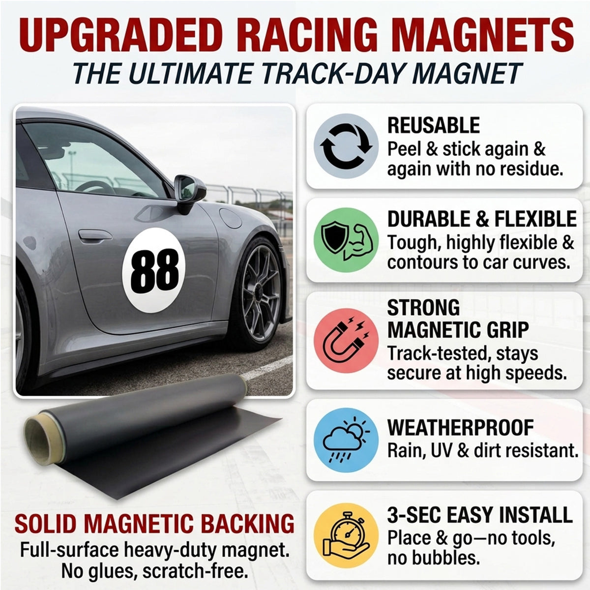 Classic Black & White Custom Circle Racing Number Magnets (No Outline) - Reusable Roundel Track Day Door Plates (Set of 2) (RCNUM006)