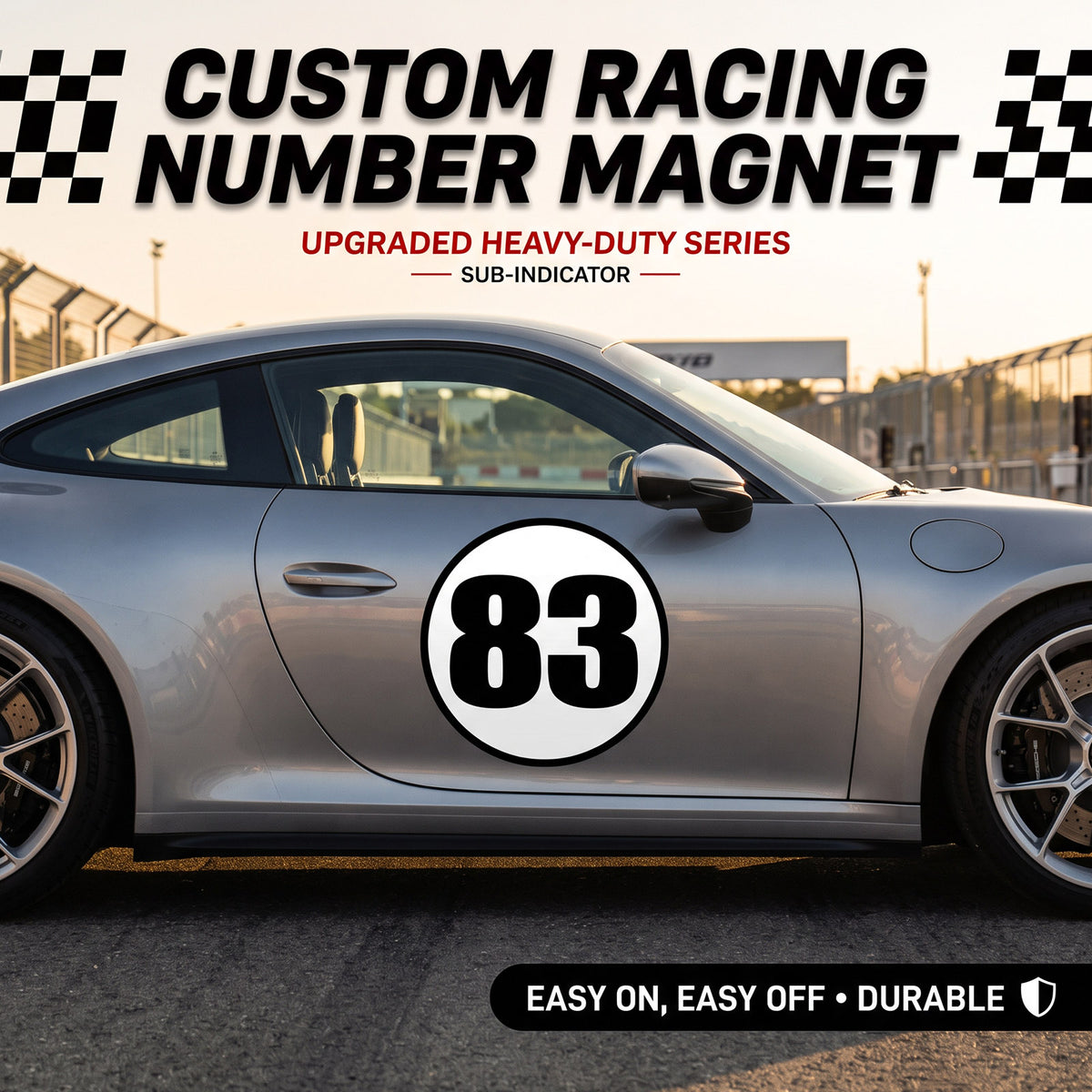 Classic Black & White Custom Circle Racing Number Magnets with Black Outline - Reusable Roundel Track Day Magnetic Door Plates (Set of 2) (RCNUM006B)