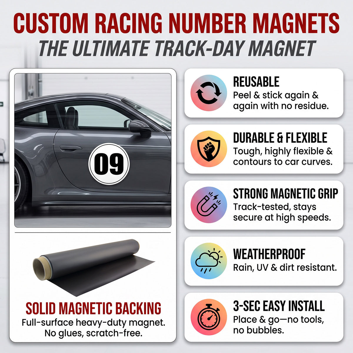 Classic Black & White Custom Circle Racing Number Magnets with Thin Black Outline - Reusable Roundel Track Day Magnetic Door Plates (Set of 2) (RCNUM006T)