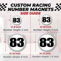 Classic Black & White Custom Circle Racing Number Magnets with Thin Black Outline - Reusable Roundel Track Day Magnetic Door Plates (Set of 2) (RCNUM006T)