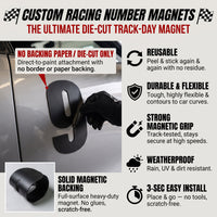 Sleek Black Style Custom Die-Cut Racing Number Magnets (4" to 15" Height) - Reusable Contour Cut Track Day Magnetic Numbers (Set of 2) (RCNUM007)