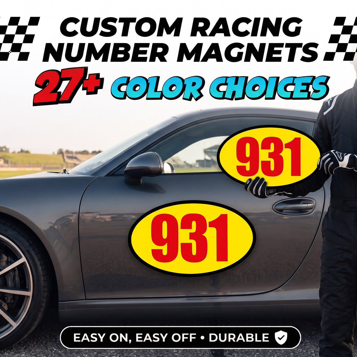 Custom Oval Racing Number Magnets with Black Outline (Set of 2) – Reusable Track Day Oval Magnetic Door Plates (6" to 14" Height) (RCNUM008B)