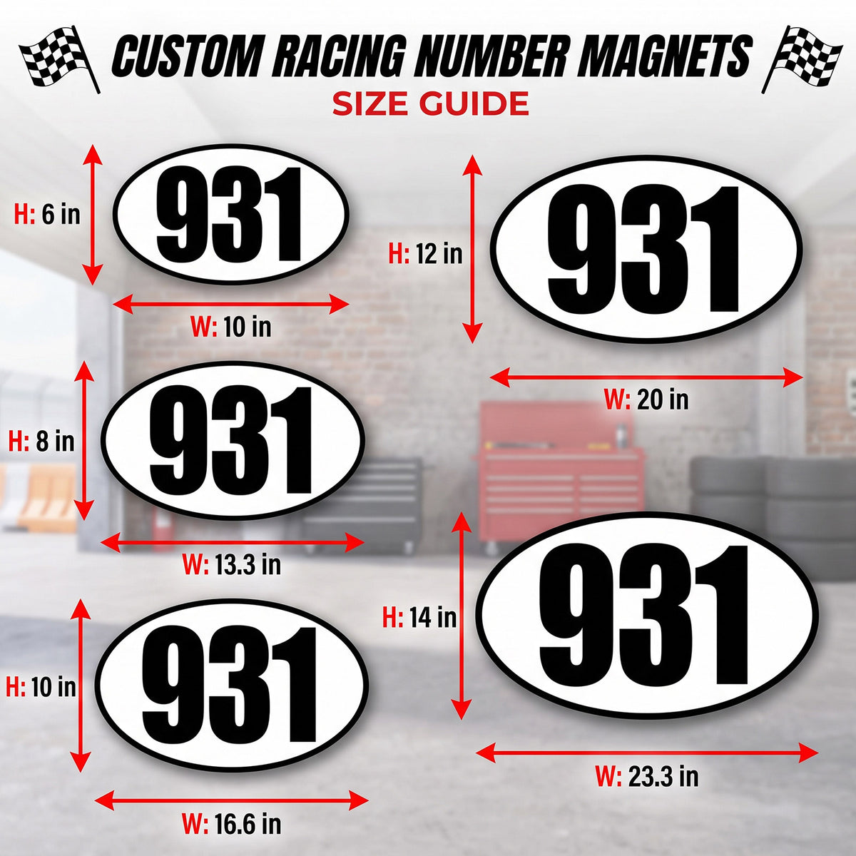 Custom Oval Racing Number Magnets with Black Outline (Set of 2) – Reusable Track Day Oval Magnetic Door Plates (6" to 14" Height) (RCNUM008B)