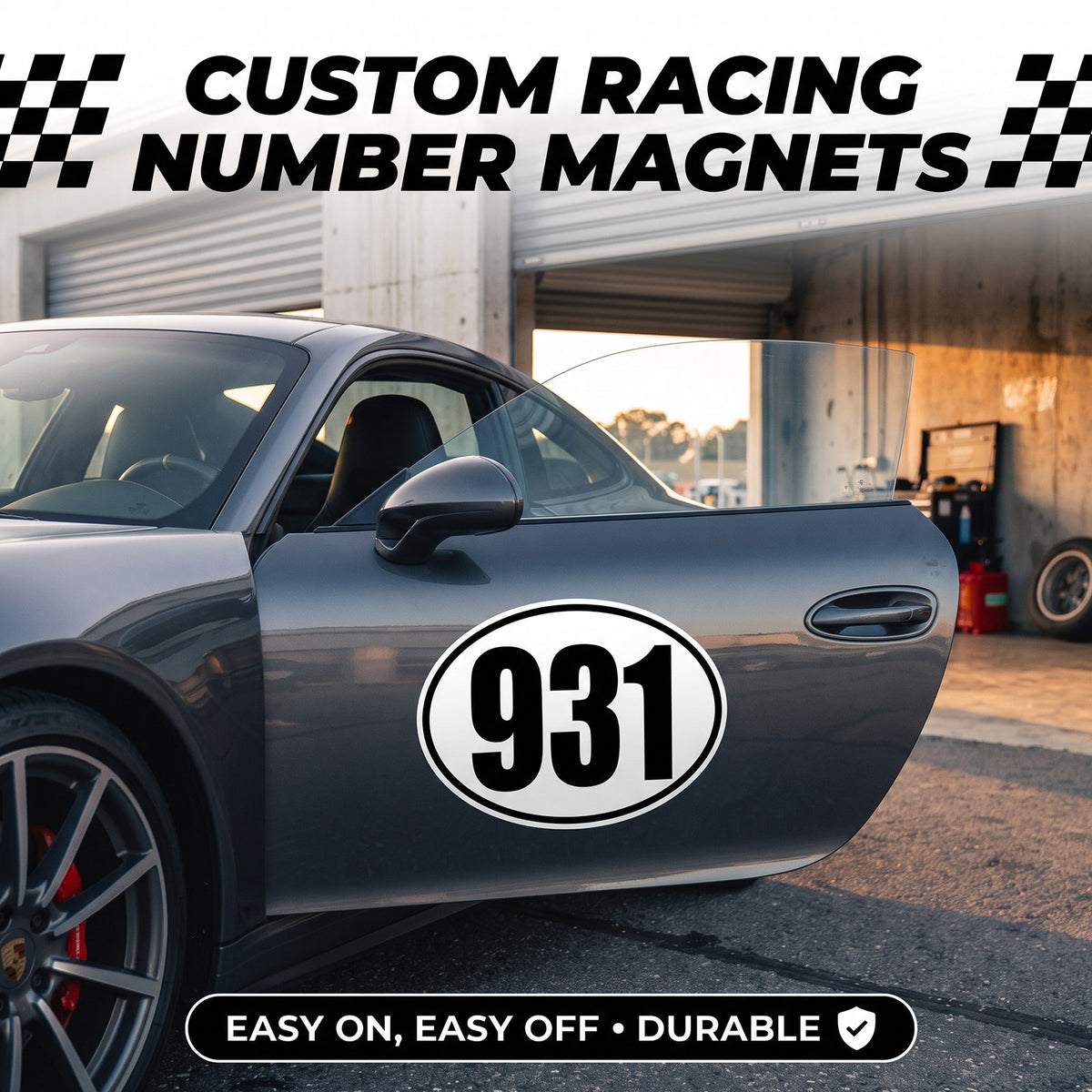Custom Oval Racing Number Magnets with Thin Black Outline (Set of 2) – Reusable Track Day Oval Magnetic Door Plates (6" to 14" Height) (RCNUM008T)