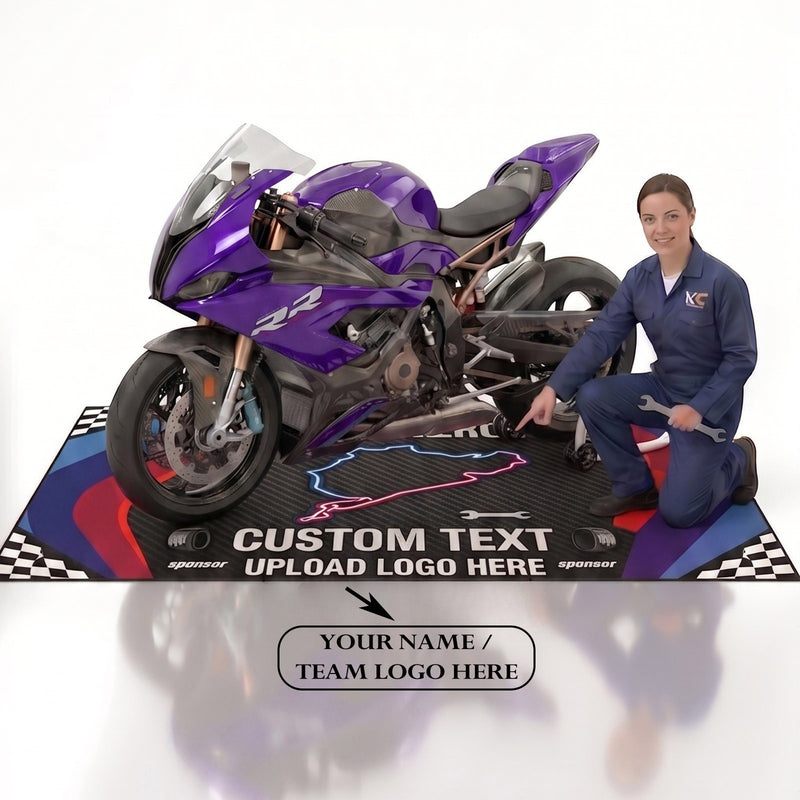 Custom motorcycle pit mat by MC Motoparts, personalized anti-slip garage floor rug with durable, textured surface for bike maintenance.