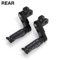 Rear 50mm extension foot pegs for Aprilia RSV1000 Tuono V4R, black MC Motoparts R-FIGHT foot pegs, detailed close-up image.