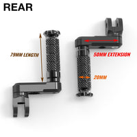 Rear 50mm extension foot pegs for Kawasaki ZX-6R, ZX-9R, Ninja 400, 650 by MC Motoparts, shown installed on motorcycle.