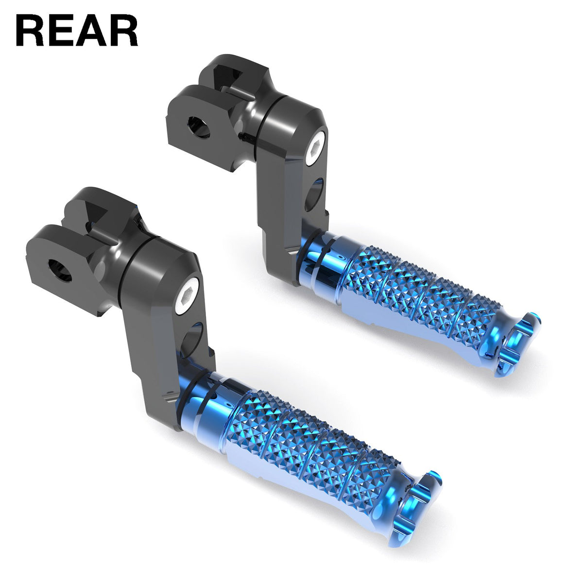 Rear 50mm extension foot pegs for Suzuki GSX-R 600, 750, 1000 motorcycle, made by MC Motoparts, shown installed on bike.
