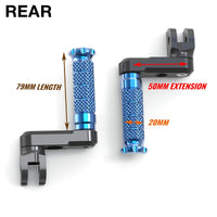 Rear 50mm adjustable foot pegs for Suzuki SV650 and SV1000 by MC Motoparts, featuring durable metal construction and mounting hardware.
