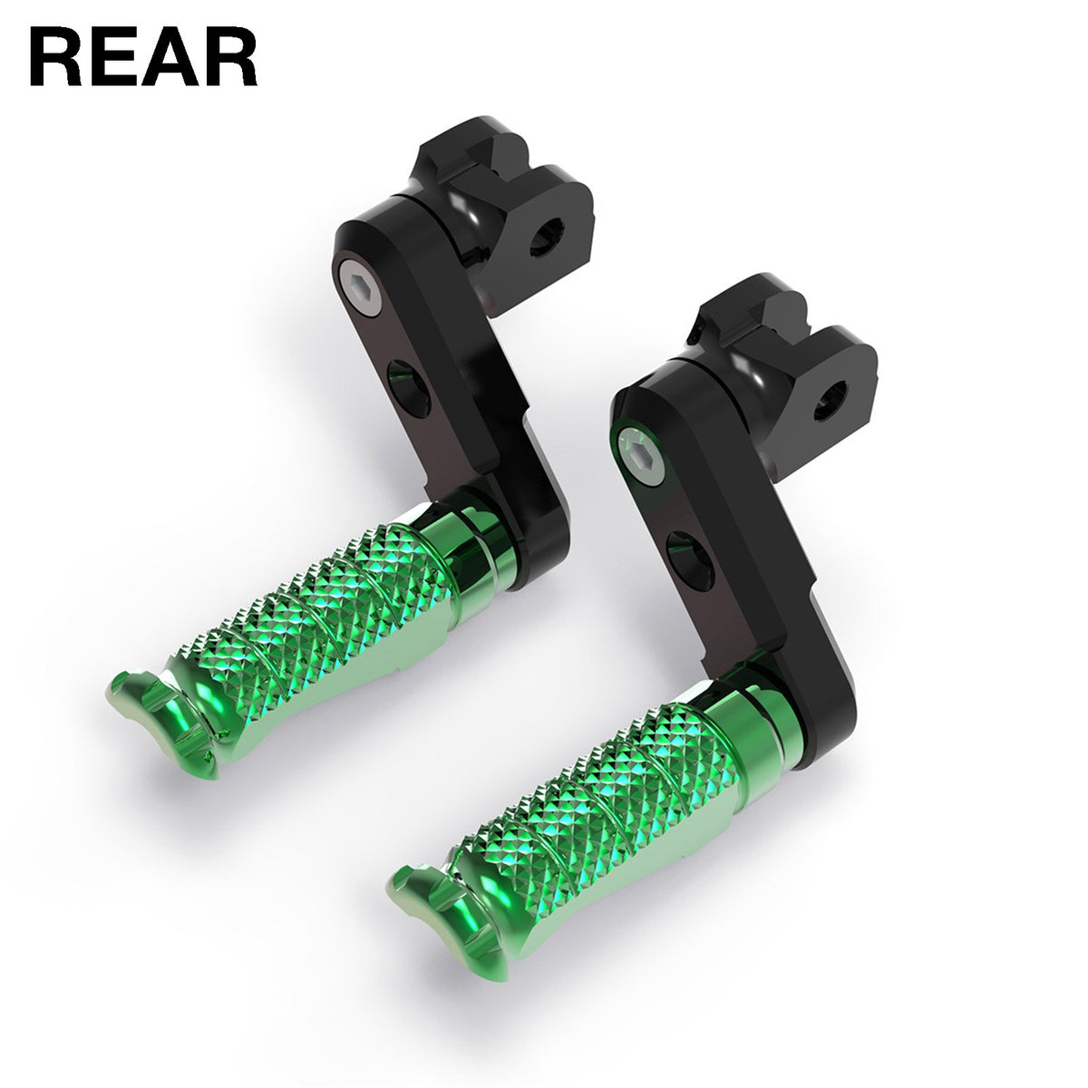 Rear 50mm extension foot pegs for Aprilia RSV1000 Tuono V4R, MC Motoparts R-FIGHT series, shown installed on motorcycle.