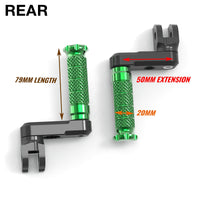 Rear 50mm extension foot pegs for Suzuki GSX-R 600 750 1000 by MC Motoparts, designed for lowering and improved comfort.