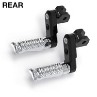 Black 50mm rear extension foot pegs for Yamaha MT-125 and XMAX 125/300 by MC Motoparts, shown installed on motorcycle.