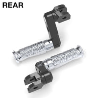 Rear 50mm adjustable extension foot pegs for Suzuki SV650 and SV1000 by MC Motoparts, shown installed on motorcycle.