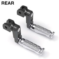 Rear 50mm extension foot pegs for Suzuki GSX-R 600, 750, 1000 by MC Motoparts, showcasing installed lower foot pegs on motorcycle.