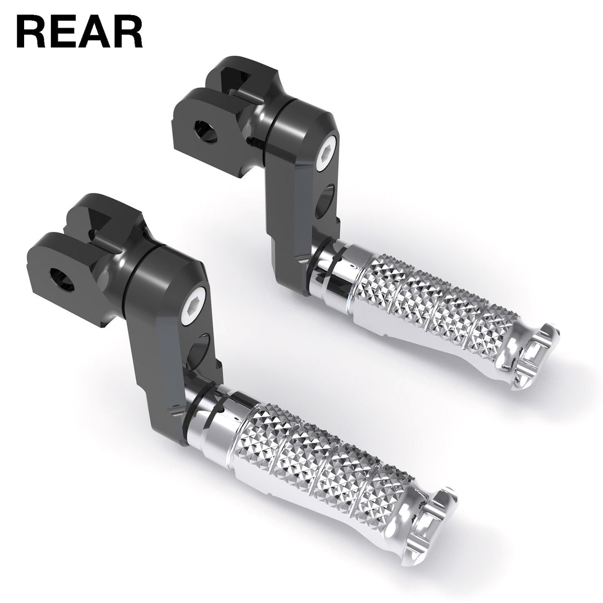 Rear 50mm extension foot pegs for Suzuki GSX-R 600, 750, 1000 by MC Motoparts, showcasing installed lower foot pegs on motorcycle.