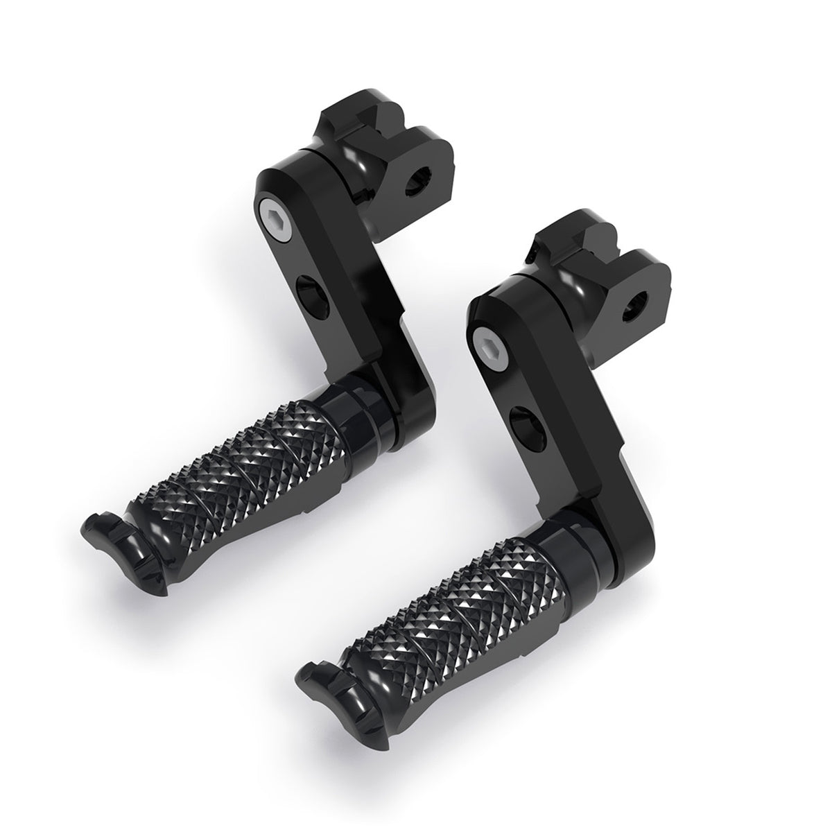 MC Motoparts 50mm adjustable foot pegs for Razor SX 125, 350, 500 R-FIGHT electric dirt bikes, front view with black finish.
