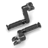 Front view of MC Motoparts 50mm extension foot pegs for Aprilia Tuono 125, 660, 1000 V4R R-FIGHT motorcycle, adjustable for rider comfort.
